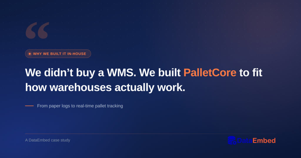 Dark blue graphic with a large quotation mark and the pull quote "We didn't buy a WMS. We built PalletCore to fit how warehouses actually work," alongside the DataEmbed logo.