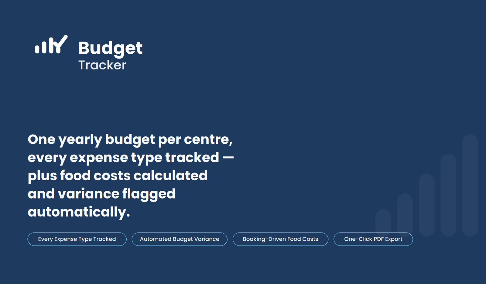 Budget Tracker logo and hero banner reading One yearly budget, every centre tracked automatically, with expense tracking, food cost calculations, and variance analytics feature badges