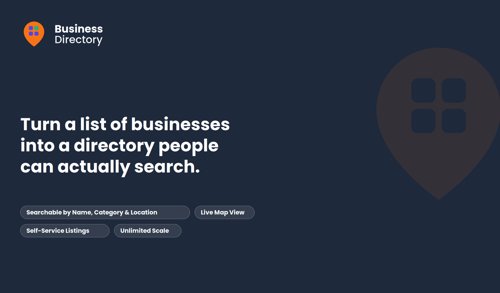 Business Directory logo and hero banner reading Turn a list of businesses into a directory people can actually search, with searchable listings, interactive maps, and one-click moderation feature badges