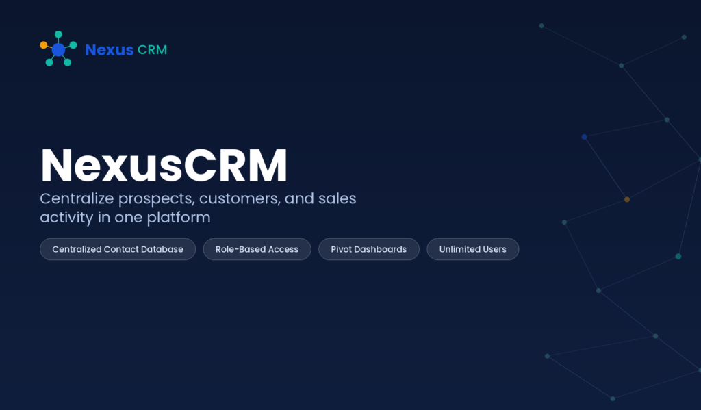 NexusCRM product thumbnail with hub-and-nodes logo, headline, and feature badges on a dark navy background