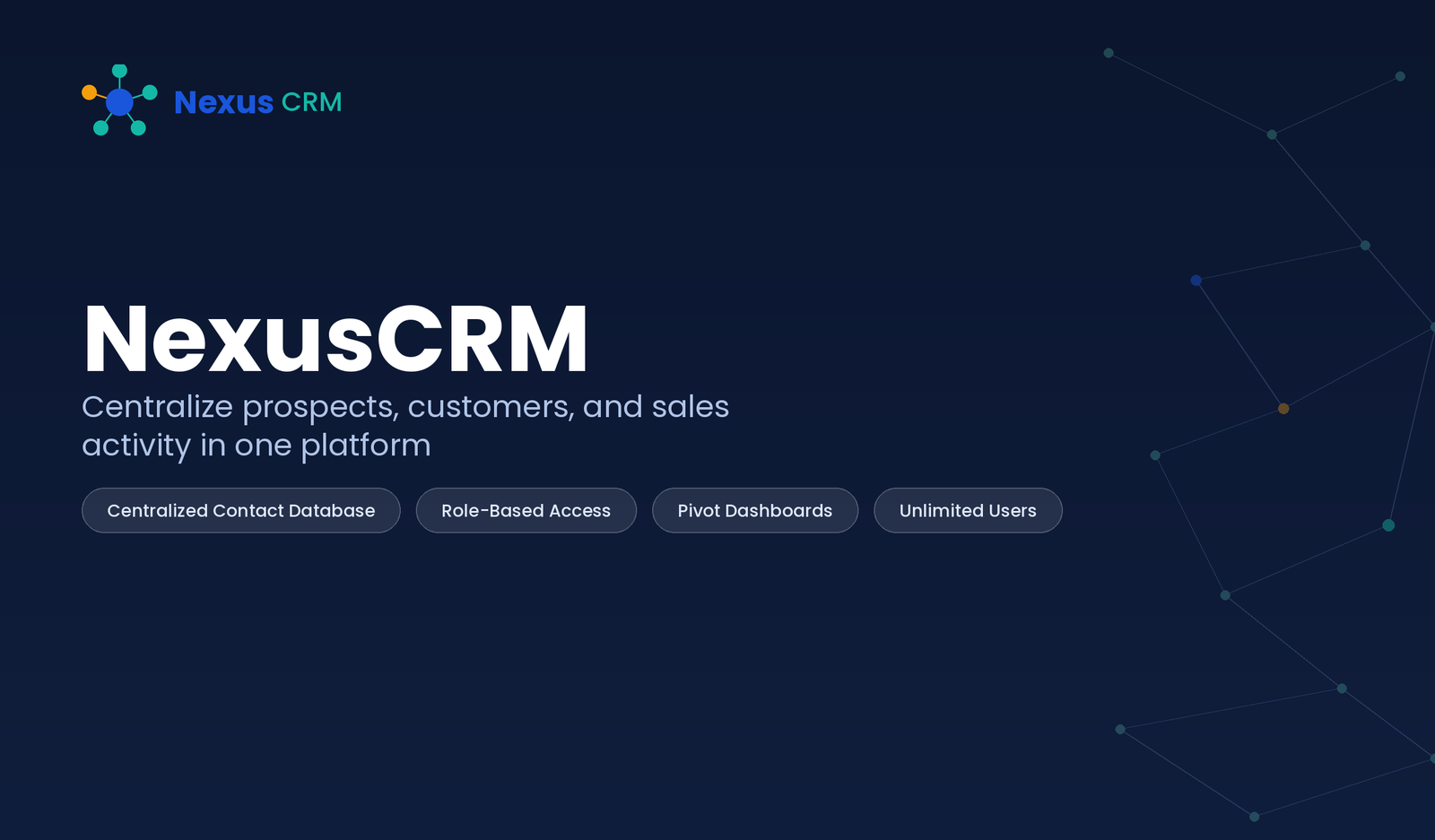 NexusCRM logo and hero banner reading Know exactly where every deal stands, the moment it changes, with centralized contacts, role-based access, and real-time dashboards feature badges