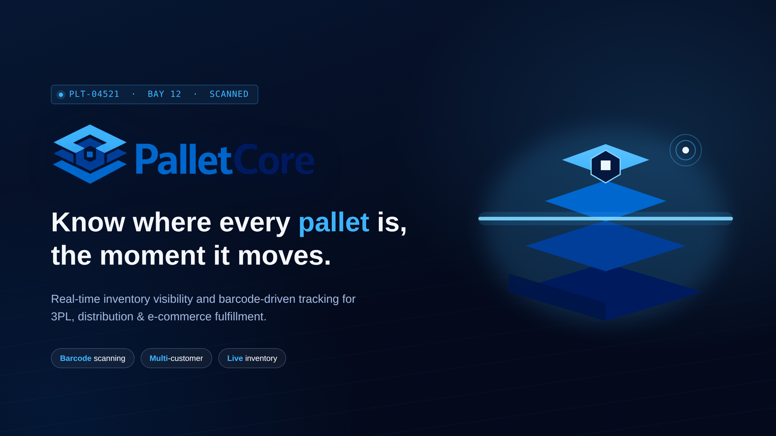 PalletCore logo and hero banner reading Know where every pallet is, the moment it moves, with barcode scanning, multi-customer, and live inventory feature badges