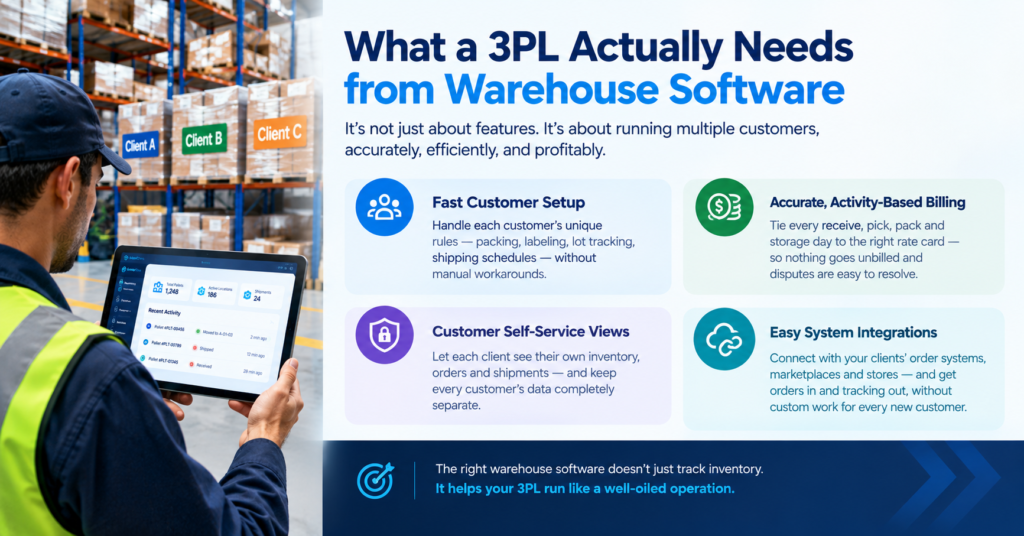 Warehouse worker using a tablet in a multi-customer warehouse, with the graphic highlighting four 3PL warehouse software needs: fast customer setup, activity-based billing, customer self-service views, and easy system integrations.